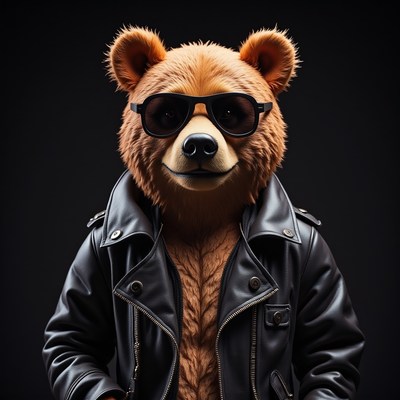 Bear in sunglasses and leather jacket poses confidently