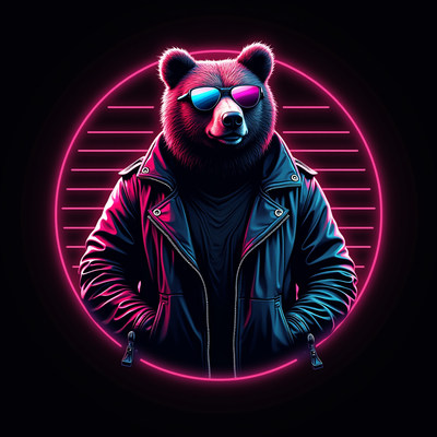Bear in sunglasses with retro neon background