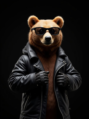 Bear in sunglasses wearing leather jacket poses stylishly