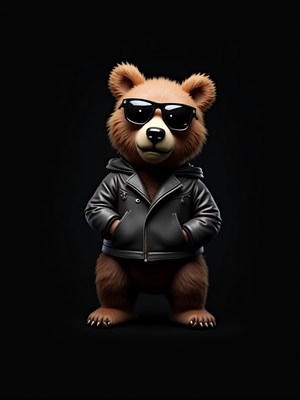 Bear in leather jacket and sunglasses stands proud
