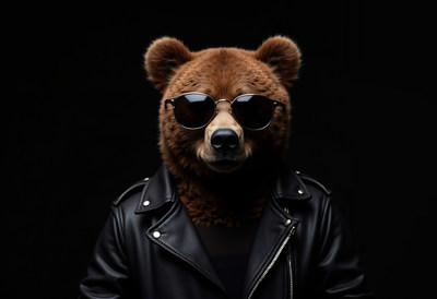 Bear in a leather jacket and sunglasses posing proudly