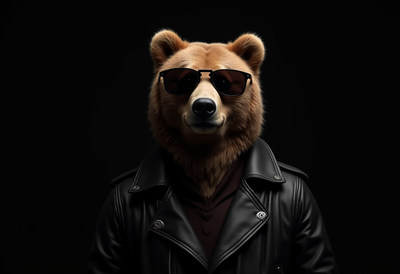 Bear in sunglasses wearing leather jacket poses confidently