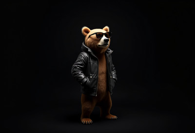 Cool bear dressed in black leather jacket and sunglasses