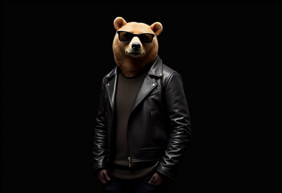 Bear in leather jacket with sunglasses poses dramatically
