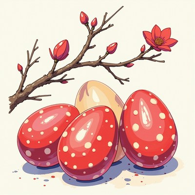 Colorful decorated eggs with blooming branches in spring