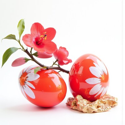Colorful decorative eggs with flowers and foliage