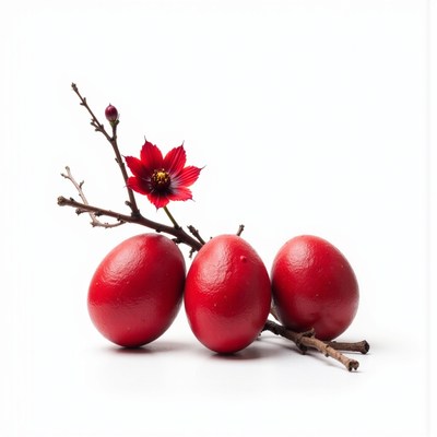 Red eggs displayed on branches with flower decoration