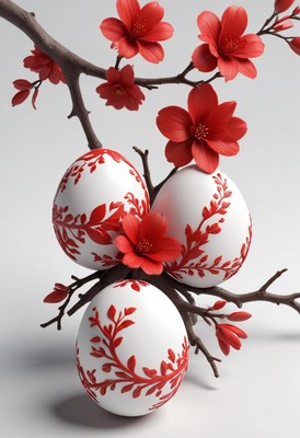 Decorative eggs with floral design on a branch