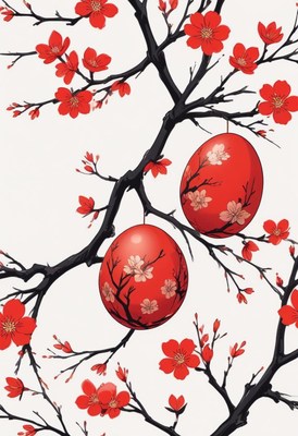 Cherry blossom branch with decorated red eggs