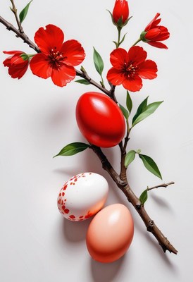 Brightly colored eggs with cherry blossoms for spring