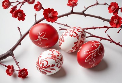 Vibrant red and white decorated eggs with blossoms