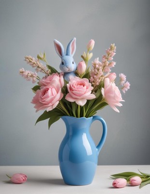 Spring bouquet with a bunny in a blue pitcher