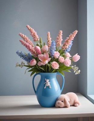 Floral arrangement with pastel flowers and plush bunny