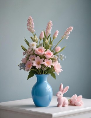 Spring flowers in a light blue vase