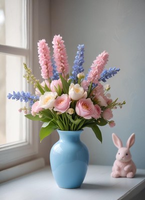 Bright spring flowers in a blue vase on a windowsill