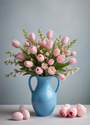 Spring flowers in a blue vase with pastel eggs