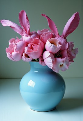 Spring bouquet with bunny ears in a blue vase