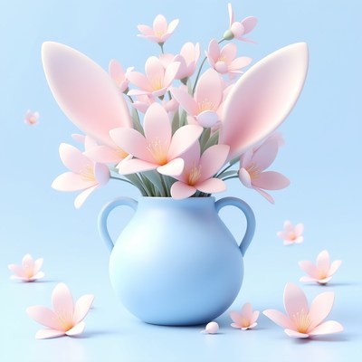 Flowers in a blue vase with rabbit ears for spring decor