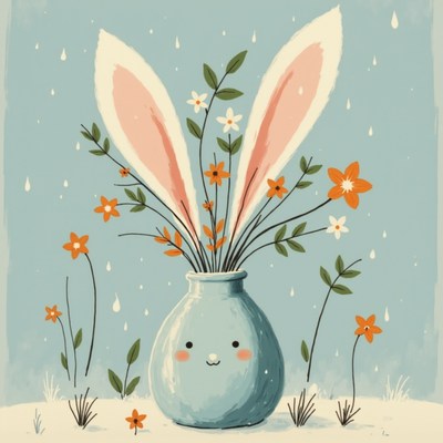 Cute vase with flowers and rabbit ears in spring setting