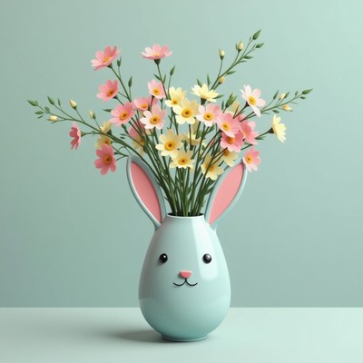 Floral decoration in a bunny-shaped vase on a table
