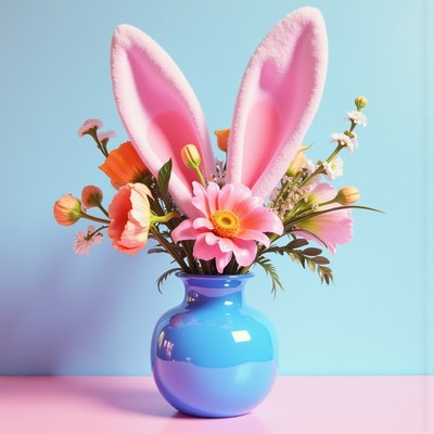 Colorful spring flower arrangement with bunny ears