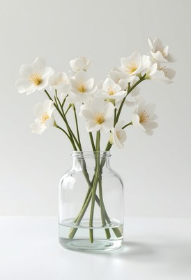 Fresh white flowers in a glass vase on a light background