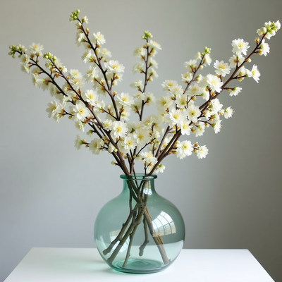 White cherry blossoms in a glass vase on a table