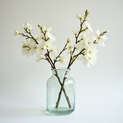 White cherry blossoms arranged in a glass vase