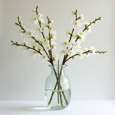 Branches of white flowers in a clear vase on a table