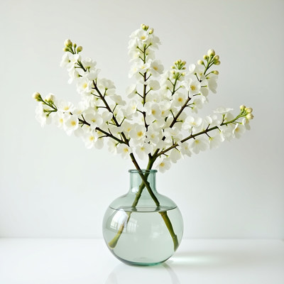White flowers in a glass vase on a minimalistic surface
