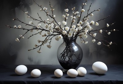 Elegant floral arrangement with decorative eggs on table