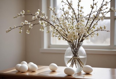Fresh flowers and eggs create a serene indoor scene