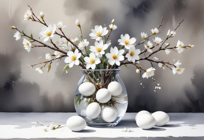 Elegant white flowers and eggs in a glass vase display