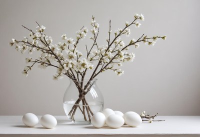 Spring floral arrangement with eggs on a simple table
