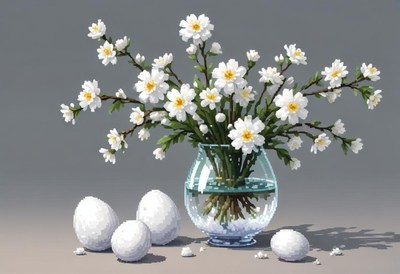 Bright flowers arranged in glass vase with decorative eggs
