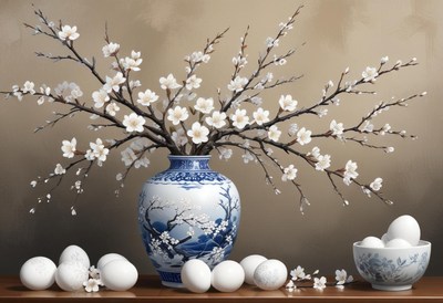 Eggs and blossoms make a serene tabletop