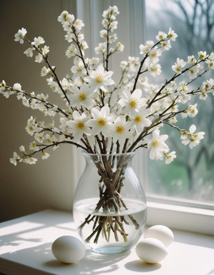 Spring blossoms in a vase with white eggs on a table