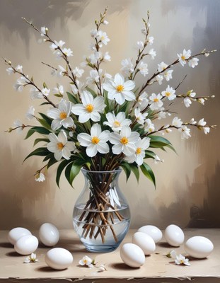 Spring bouquet with flowers and eggs in a glass vase