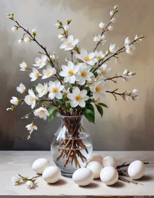 Spring blooms and eggs create a fresh decorative centerpiece