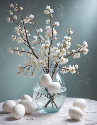 White flowers and eggs create a serene spring arrangement