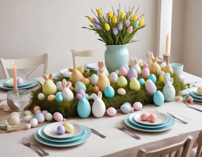 Easter celebration table setting with colorful decorations
