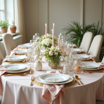 Elegant dinner setting with floral centerpieces and candles