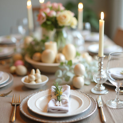 Elegant dining setup for a spring celebration with flowers