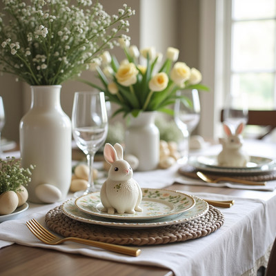 Spring dining setting with decorative bunnies and flowers