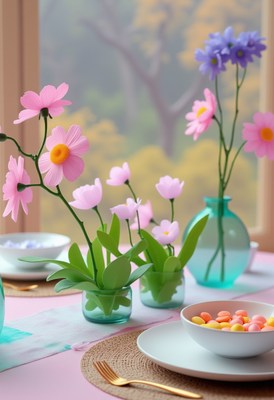 Colorful spring table setting with artificial flowers
