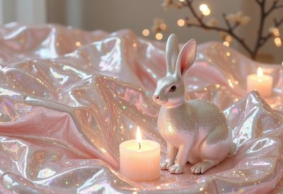 Sparkling white rabbit figurine among glowing candles