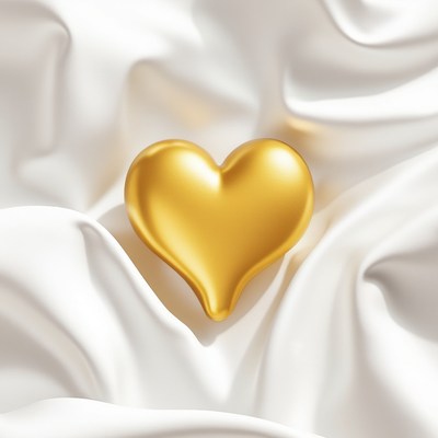 Golden heart resting on soft white fabric