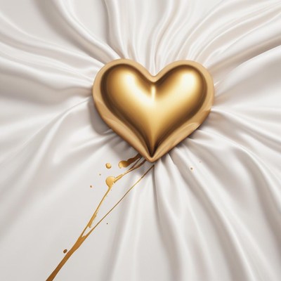 Golden heart on white fabric with flowing paint