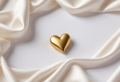 Golden heart placed on silky white fabric