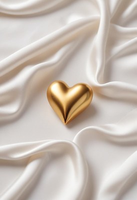 Heart shaped golden decoration on smooth white fabric